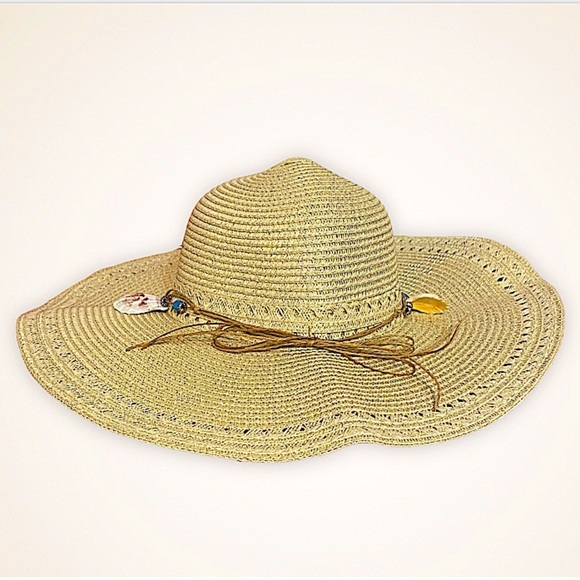 Floppy Wide Brim Straw Seashell Accent Straw Hat - Picture 3 of 3